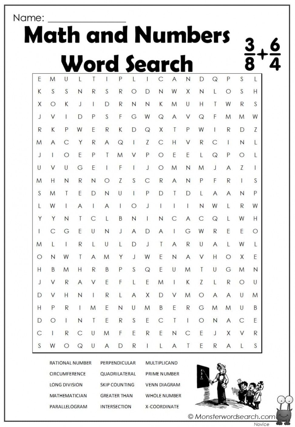 math and numbers word search - Monster Word Search