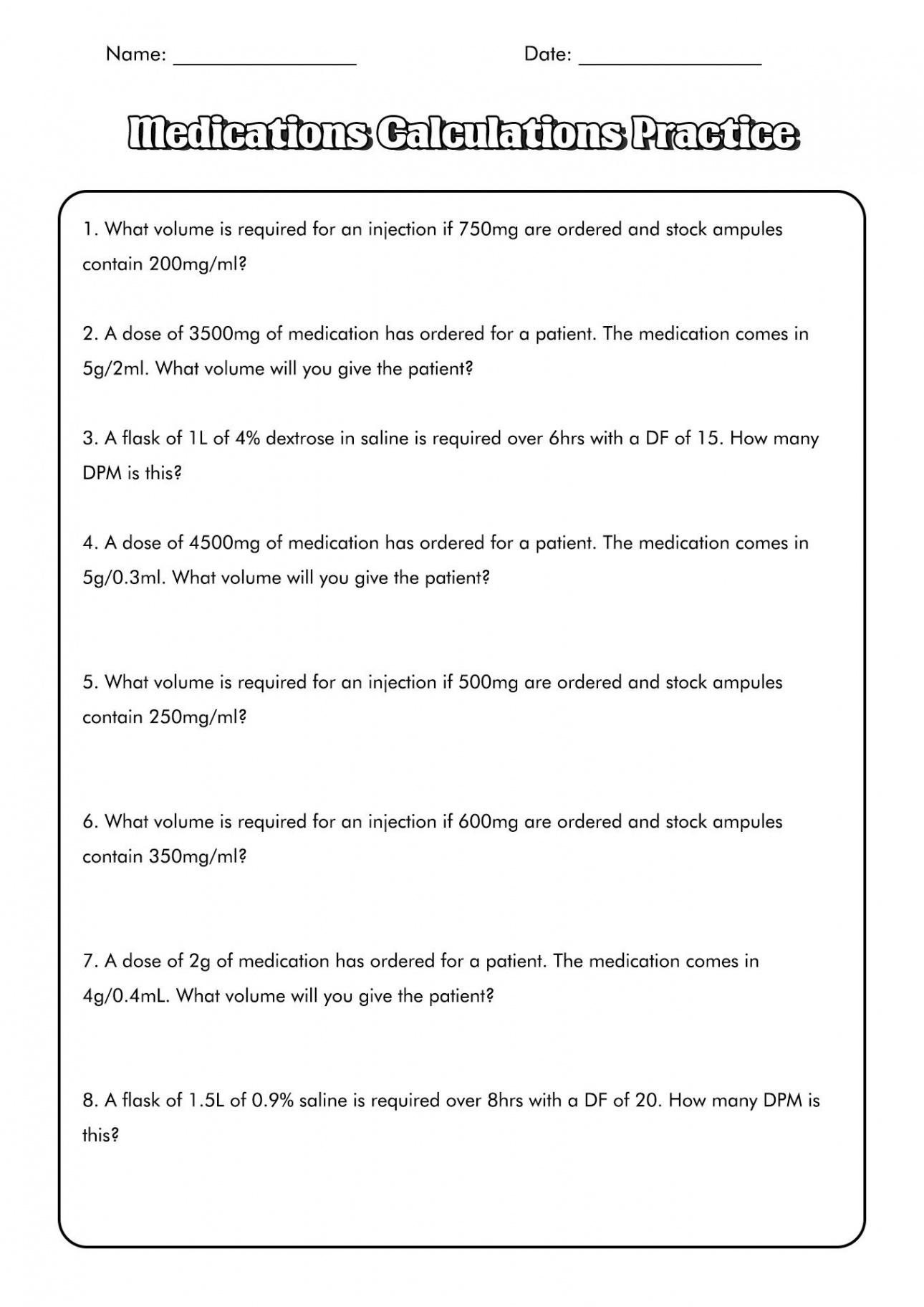 Med Math Worksheets  Nursing math, Math practice worksheets