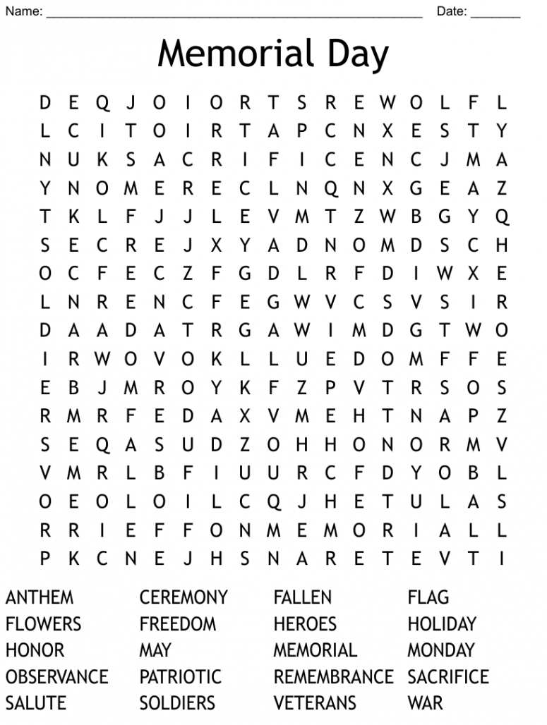 Memorial Day Word Search - WordMint