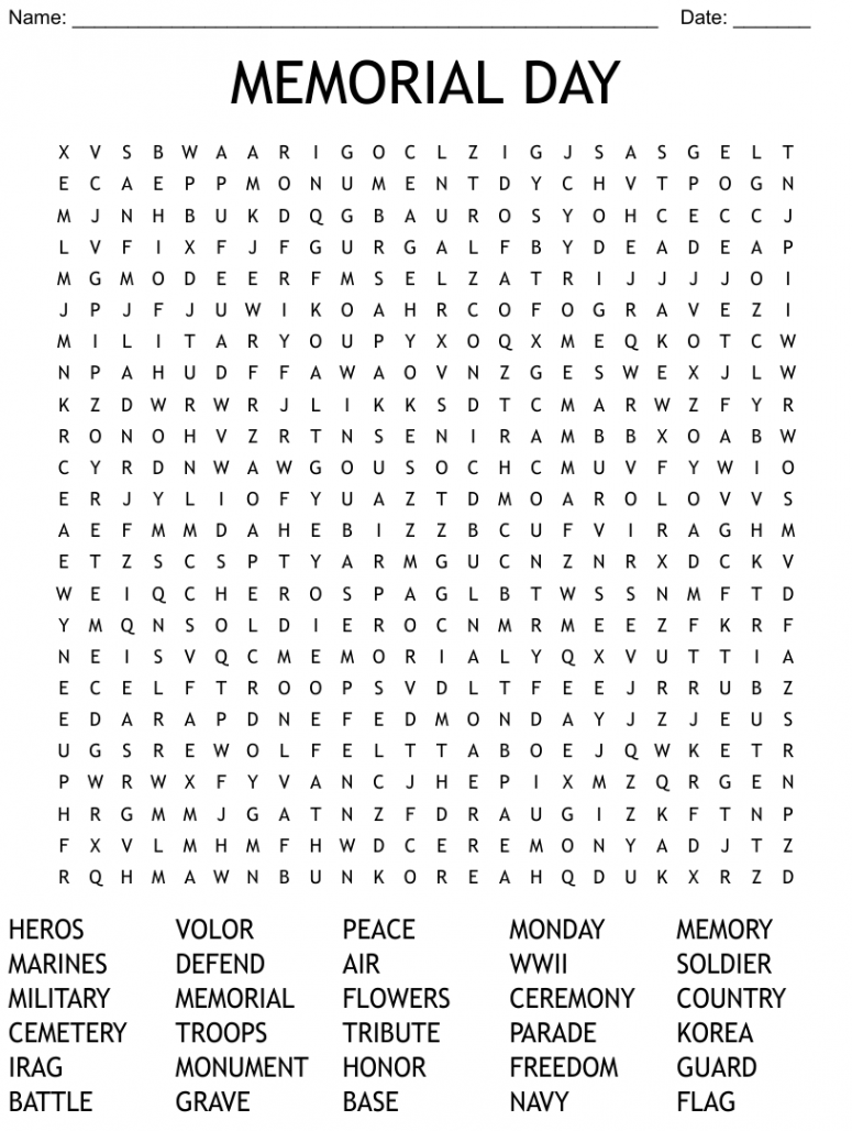 Memorial Day Word Search - WordMint