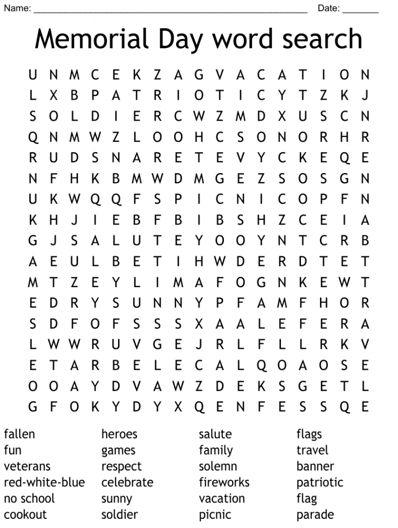 Memorial Day word search - WordMint