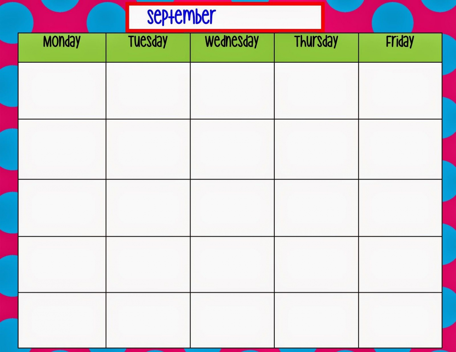 Monday through Friday Calendar Template  Weekly calendar template