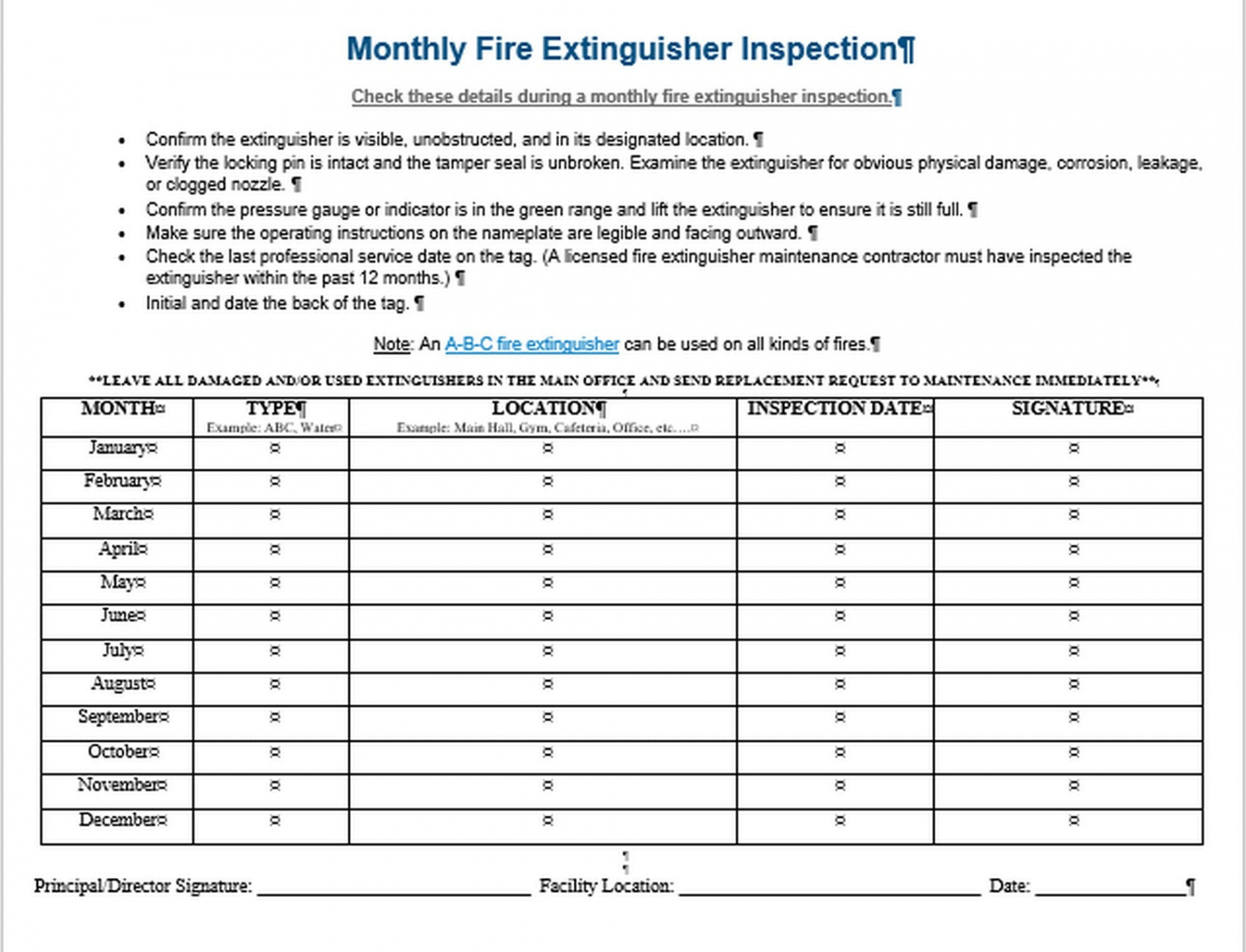 Monthly Fire Extinguishers Checklist and a Self-inspection - Etsy