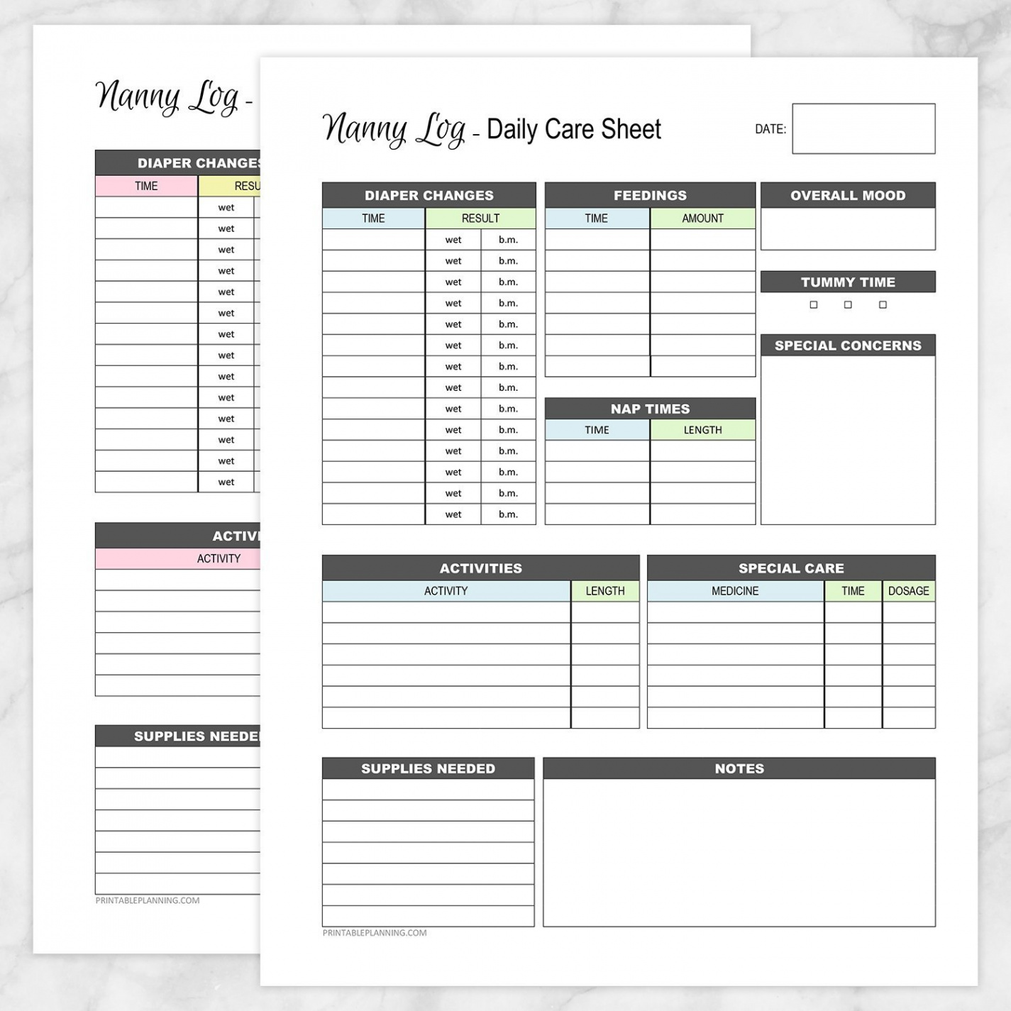 Nanny Log - Daily Infant Care Sheet -  page BUNDLE - Printable at