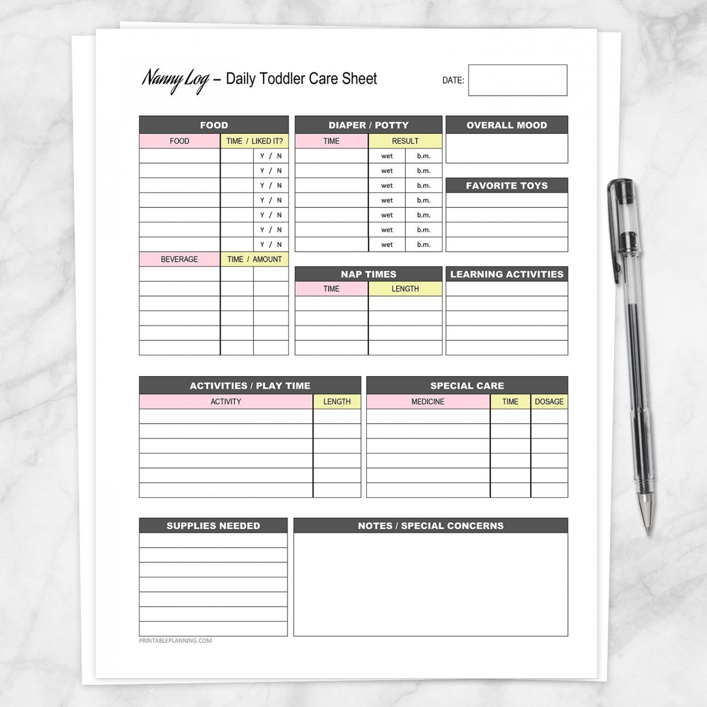 Nanny Log - Daily Toddler Care Sheet - Pink and Yellow - Printable