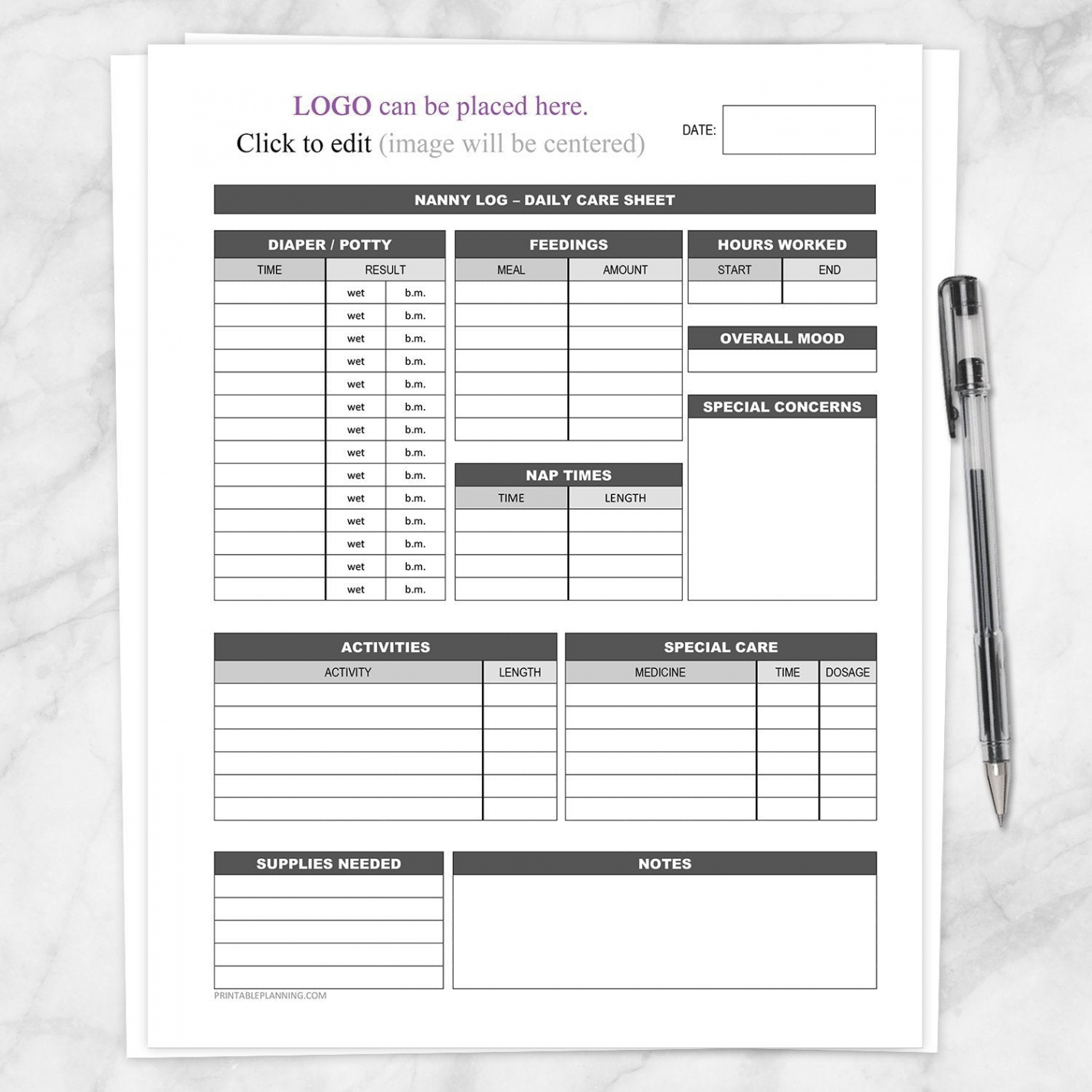 Nanny Log with Your Logo - Daily Infant and Child Care Sheet