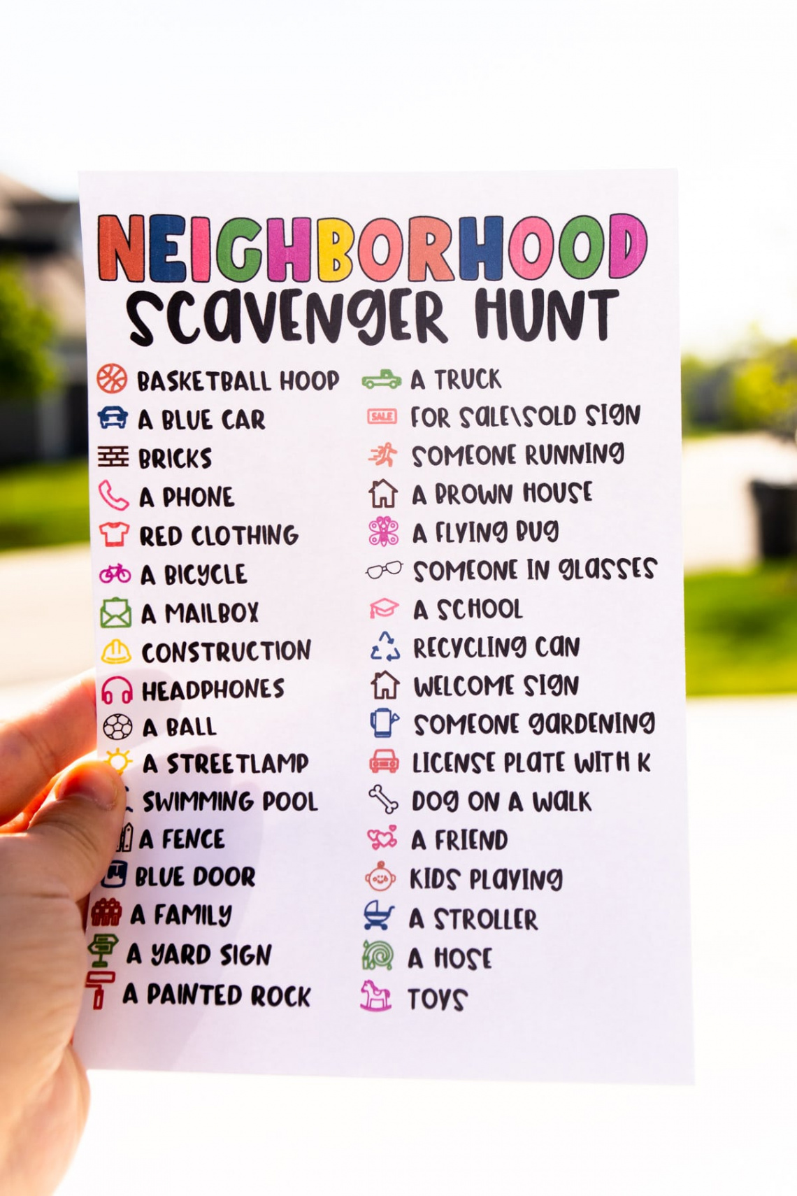 Neighborhood Scavenger Hunt for Kids Free Printable - Play Party