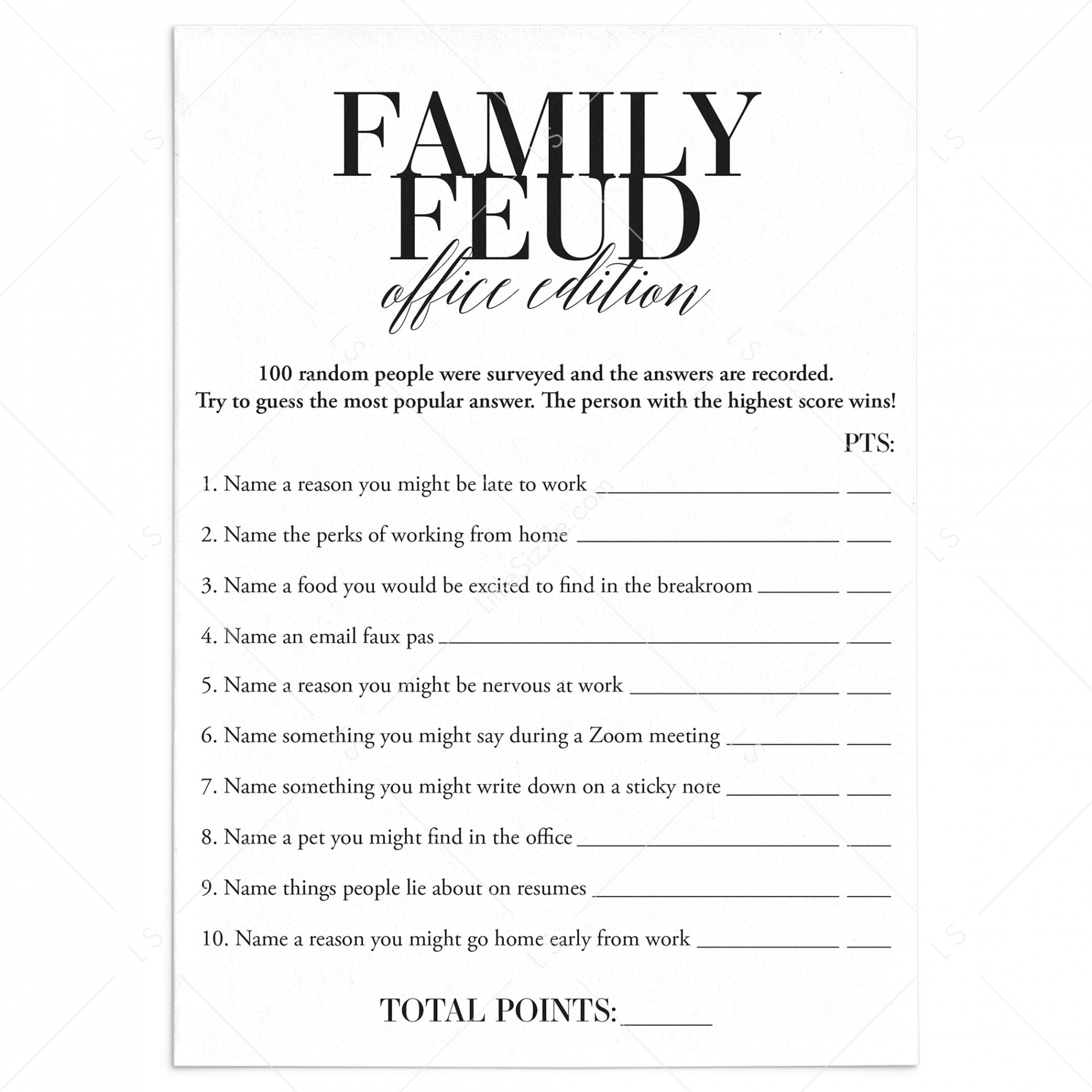 Office Family Feud Questions and Answers Printable  Office Party