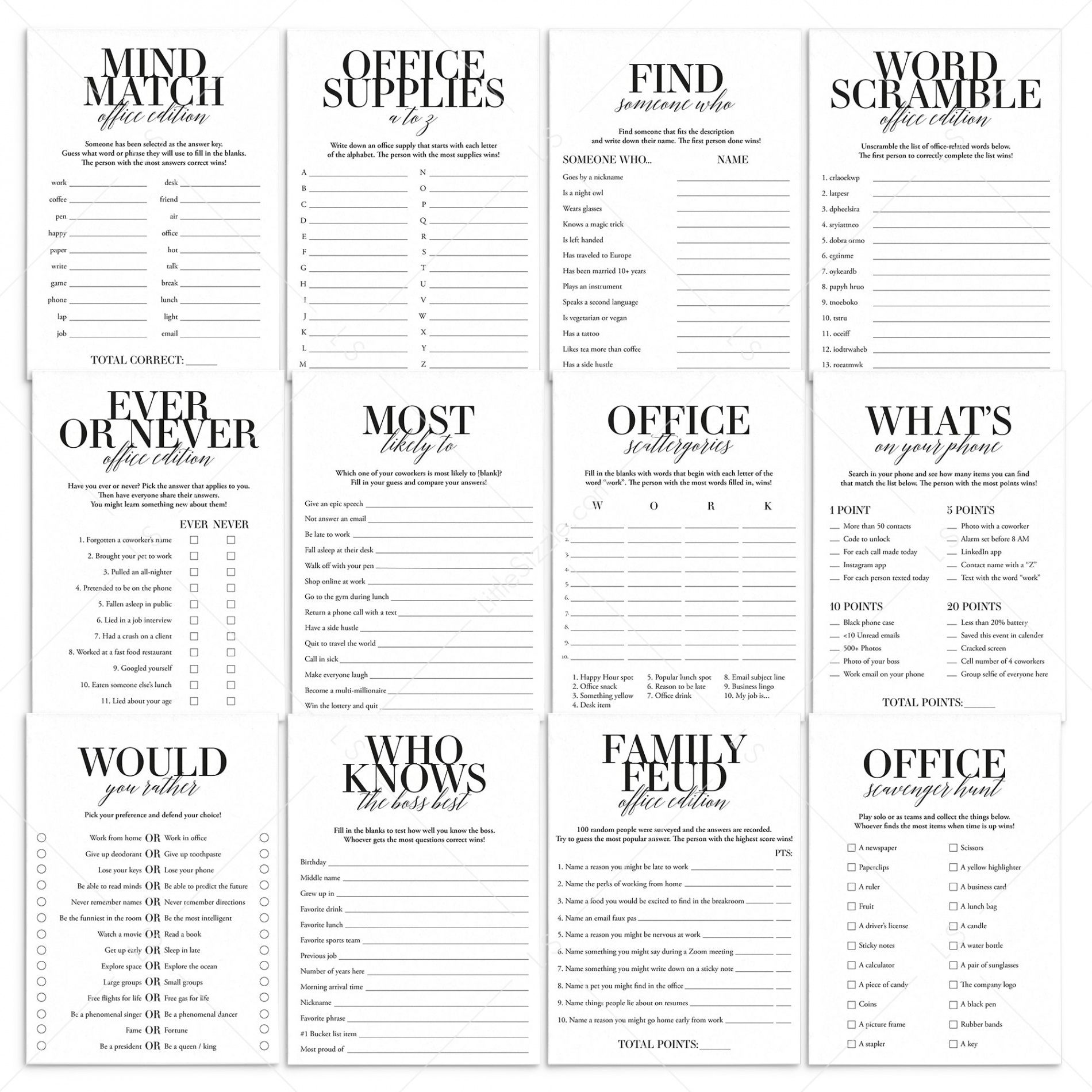 Office Party Games Bundle Printable   Work Party Game Ideas