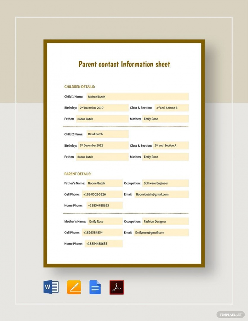 Parent Contact Information Sheet Template - Download in Word