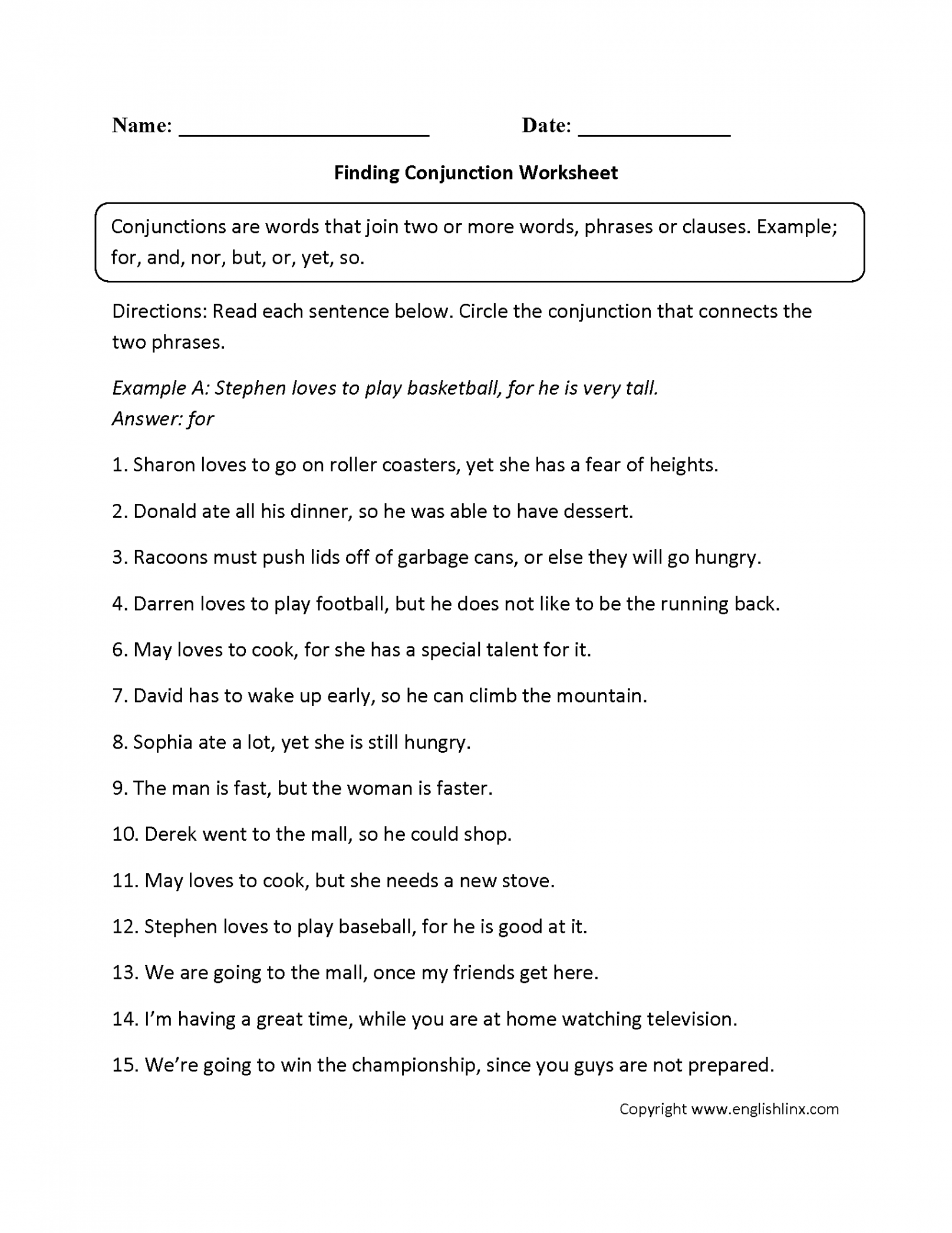 Parts Speech Worksheets  Conjunction Worksheets