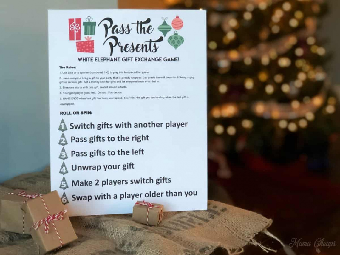 Pass the Presents White Elephant Gift Exchange Game FREE PRINTABLE