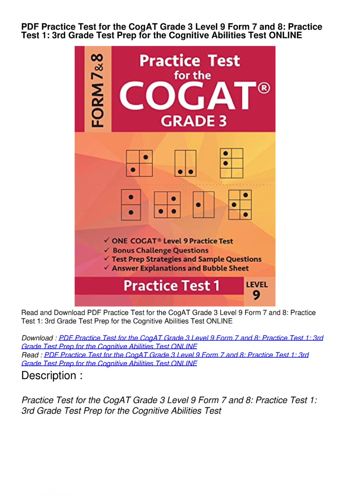 PDF Practice Test for the CogAT Grade  Level  Form  and