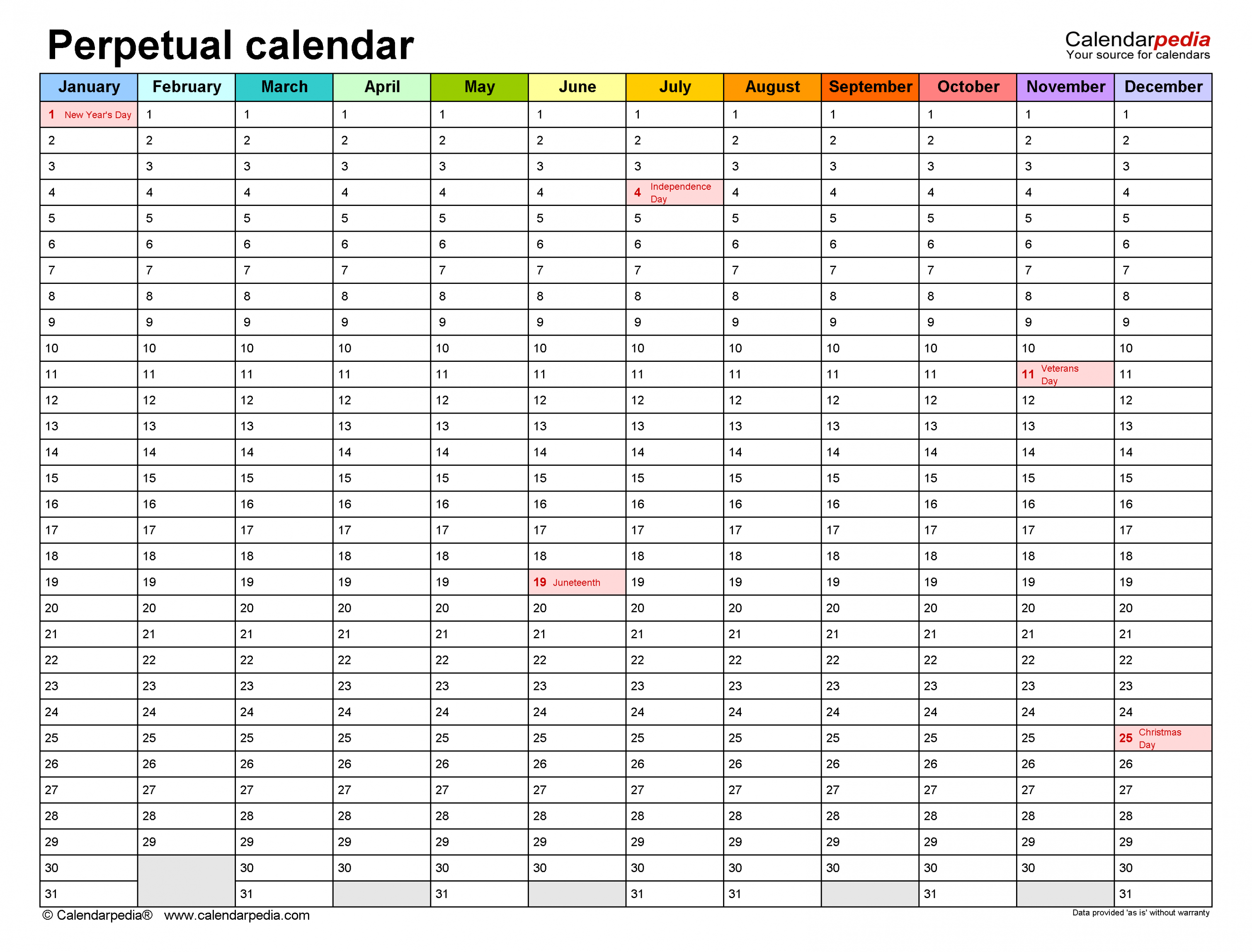 Perpetual Calendars - Free Printable PDF templates