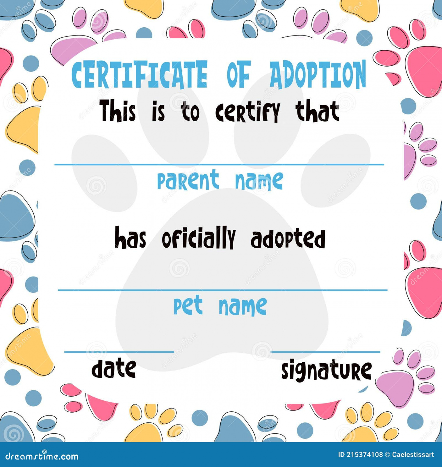 Pet Adoption Certificate Vector Template Design