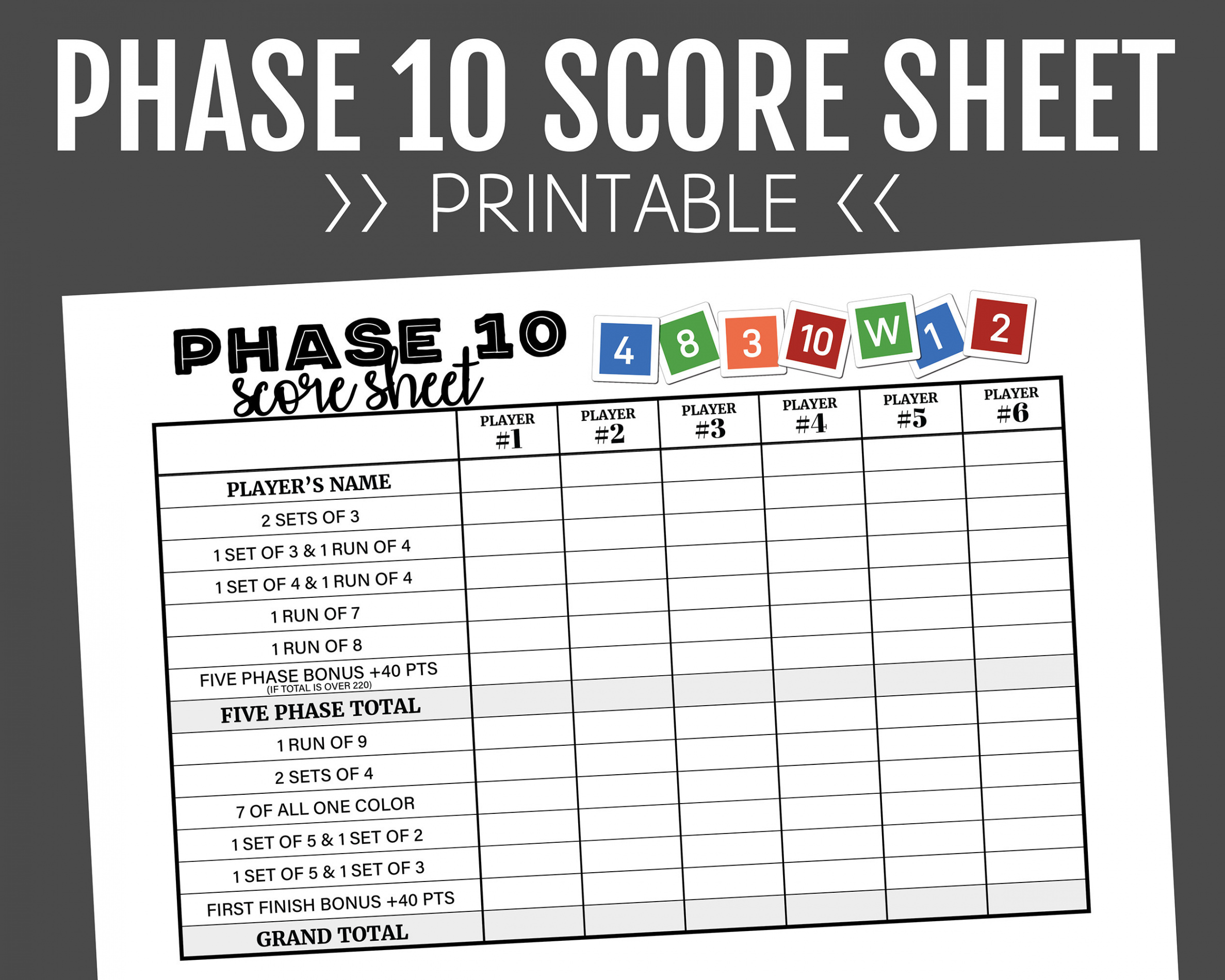 Phase  Score Sheet, Printable Score Sheet, Digital, Instant