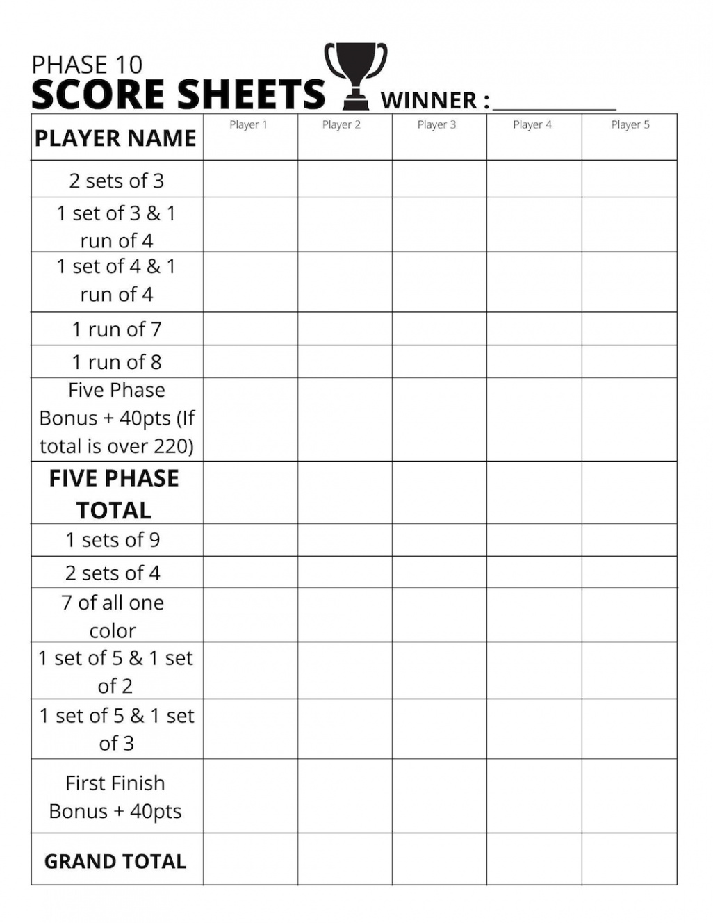 Phase  Scoreboard Score Sheet Printable PDF - Etsy