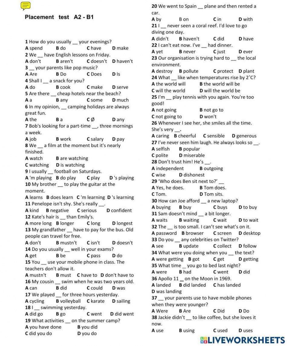 Placement test A-B interactive worksheet  Live Worksheets