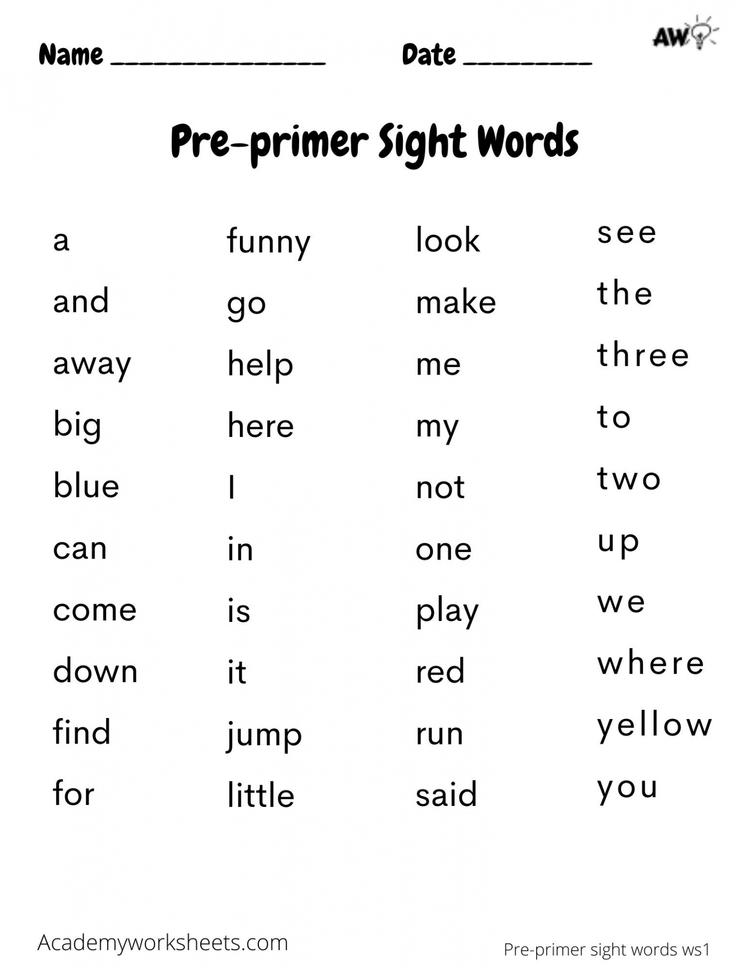 Pre-Primer Sight Words Dolche - Academy Worksheets