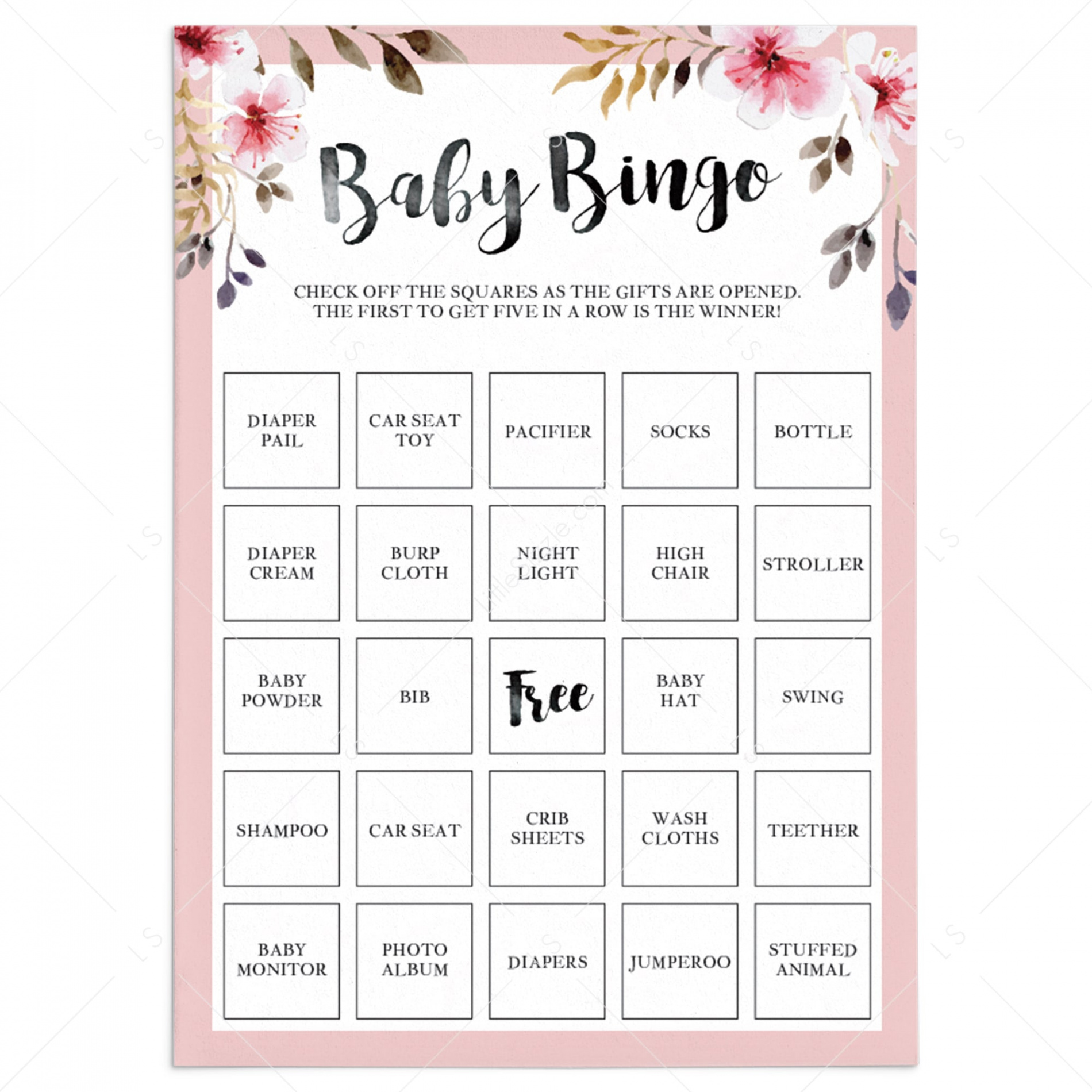 Printable baby girl shower Bingo Cards with pink flowers  Instant