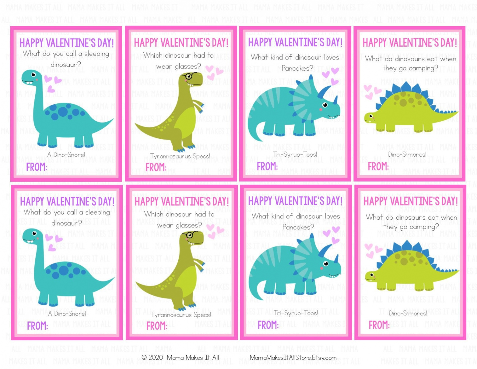 Printable Dinosaur Valentine Cards Pink Dinosaur Valentines - Etsy