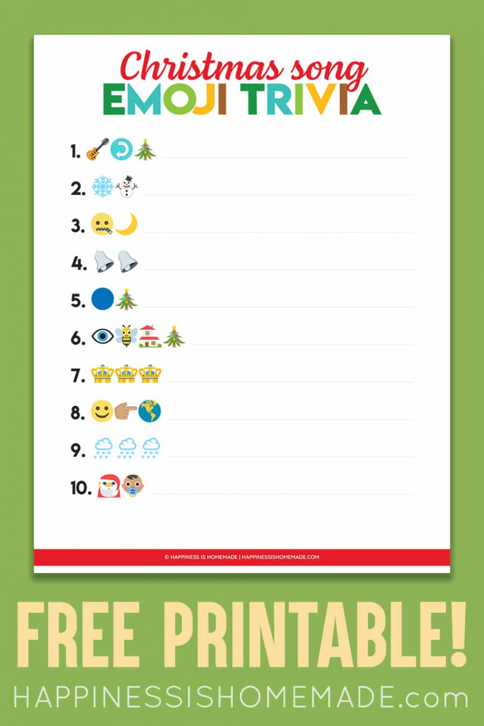 Printable Emoji Christmas Songs Game - Happiness is Homemade