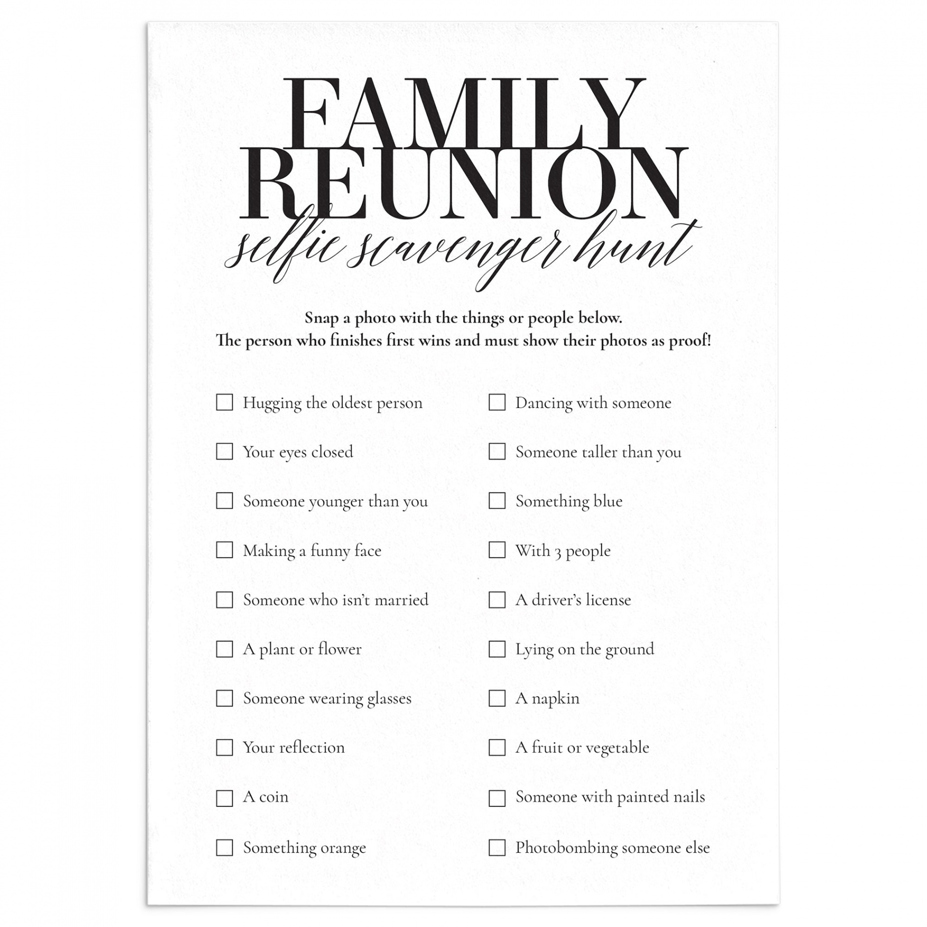 Printable Family Reunion Selfie Scavenger Hunt  Teen Family