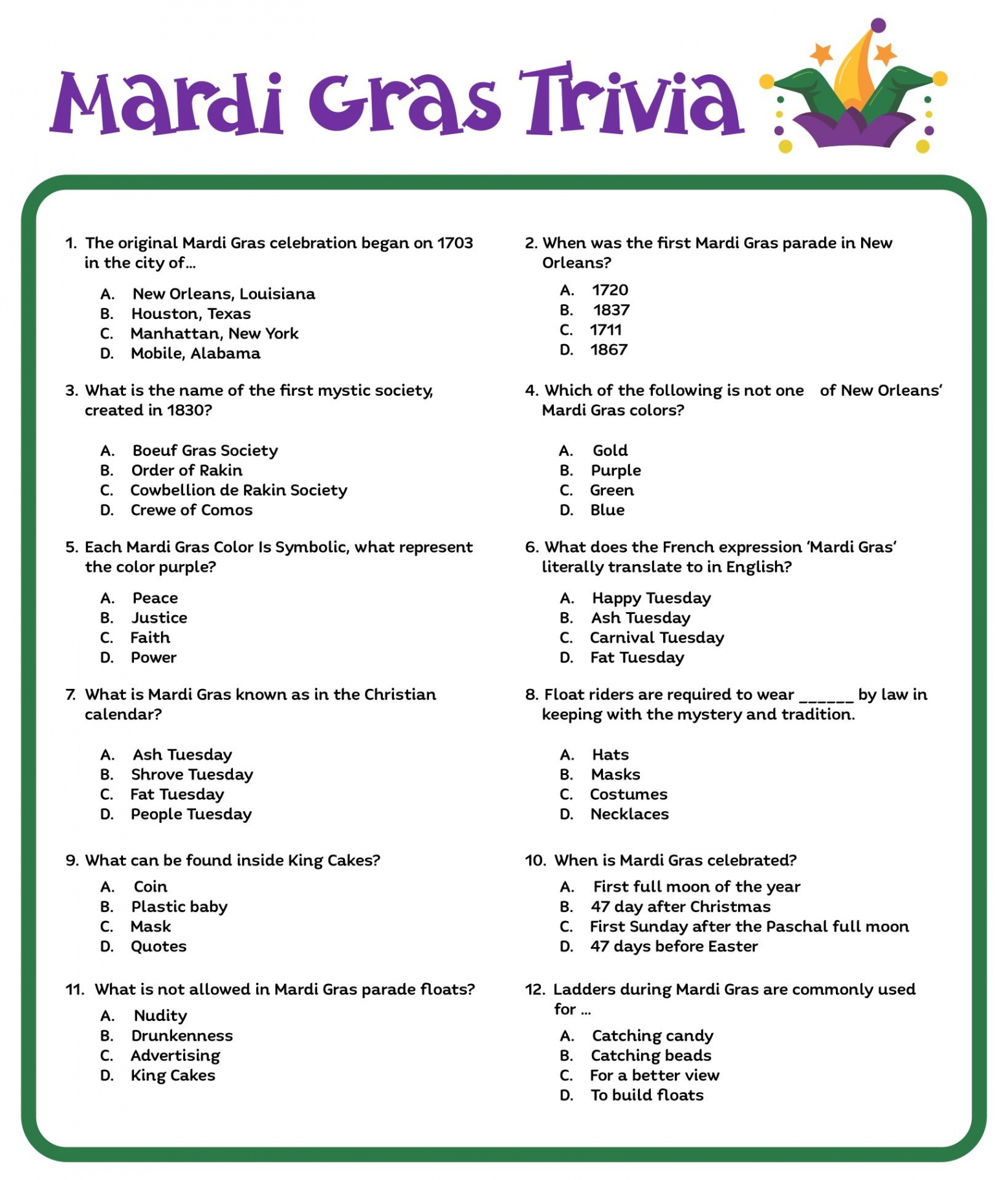 Printable Mardi Gras Trivia Questions  Christmas trivia questions