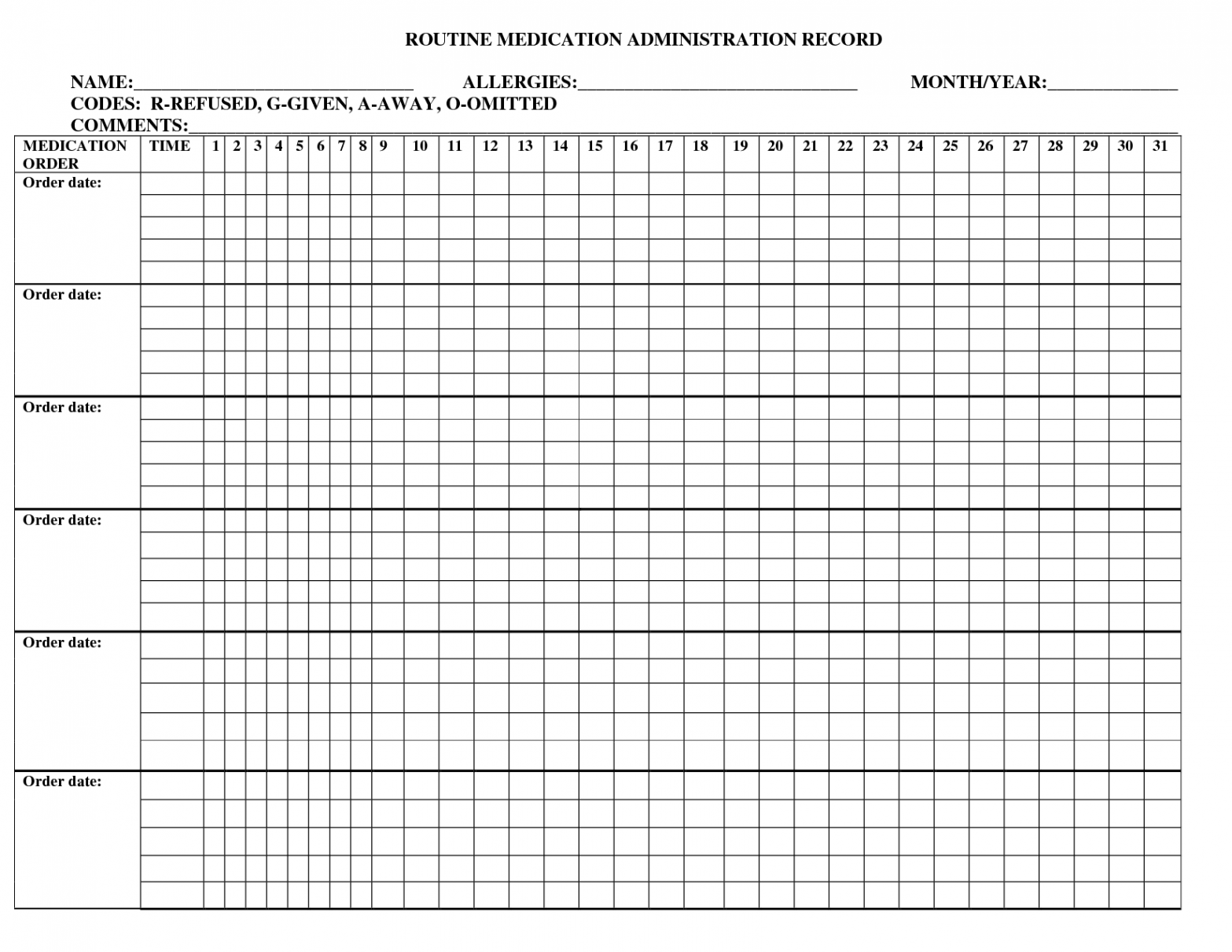 Printable Medication Administration Record  Medication