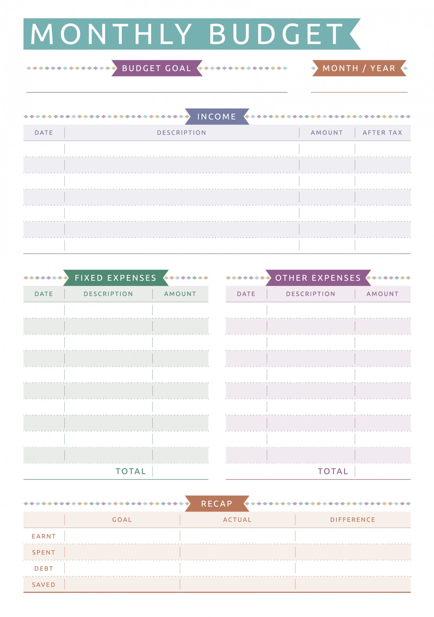 Printable Monthly Budget - Casual Style PDF Download  Budget