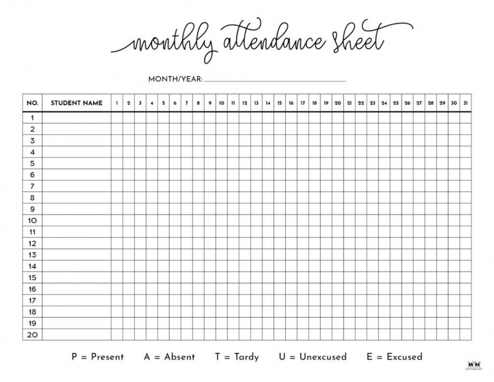 Printable Monthly School Attendance Sheet-  Attendance sheet