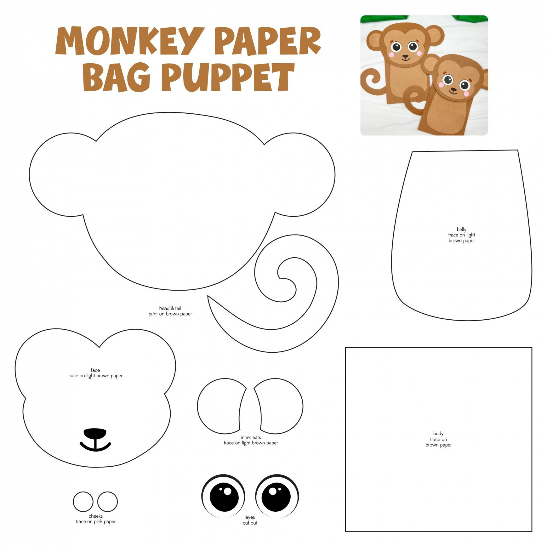 Printable Paper Bag Puppet Template  Paper bag puppets, Paper bag