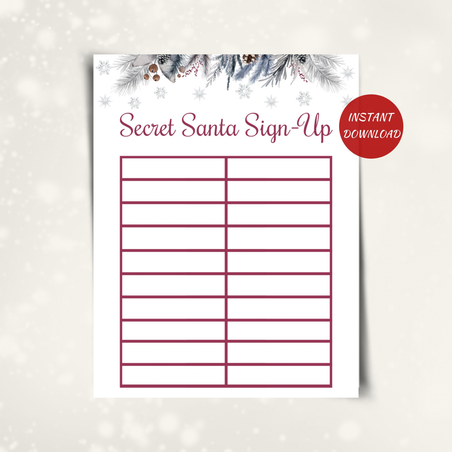 Printable Secret Santa Sign up Sheet Christmas Gift Exchange