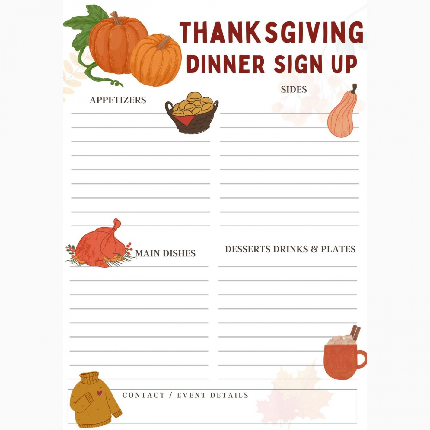 Printable Thanksgiving Potluck Sign Up Sheet