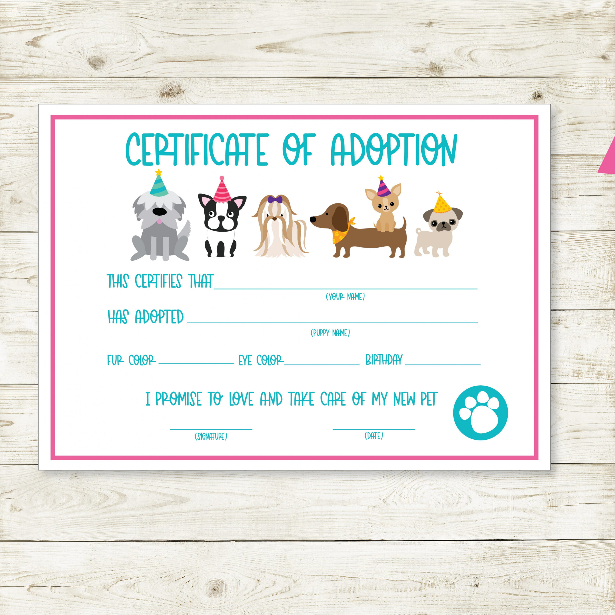 Puppy Adoption Certificate Puppy Party Instant Download