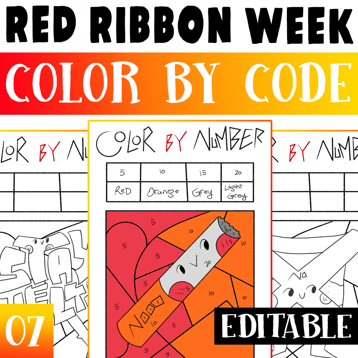 Red Ribbon Week Editable Color By Code Worksheets Activity, Color