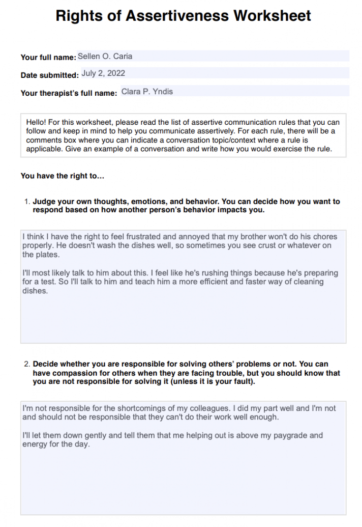 Rights of Assertiveness Assertive Communication Worksheet