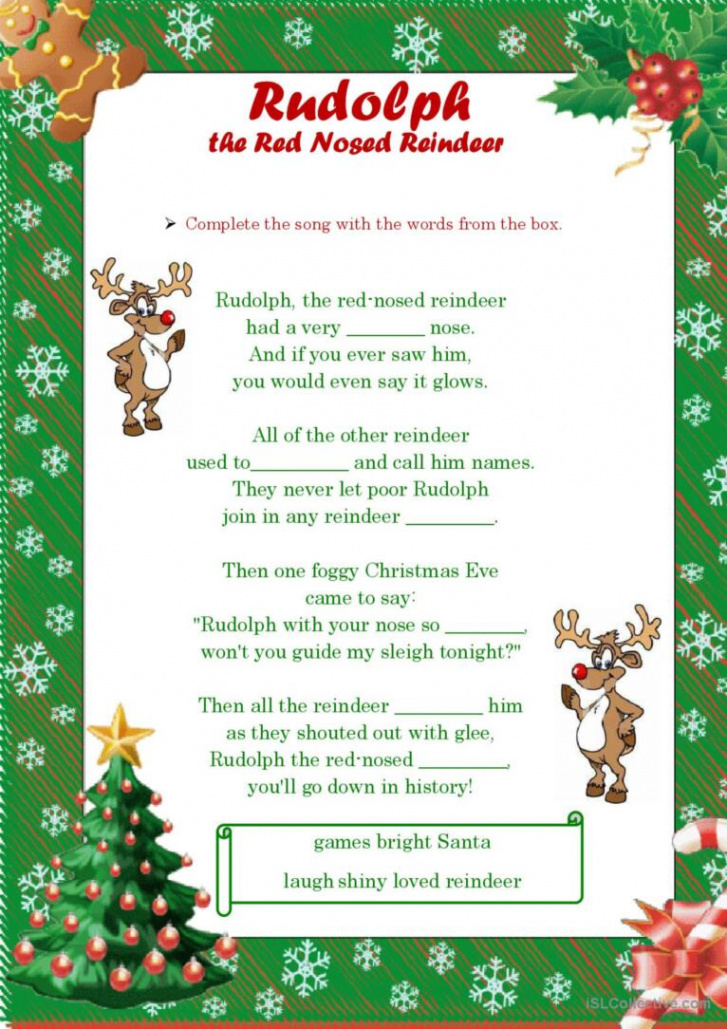 Rudolph the Red Nosed Reindeer- Song: English ESL worksheets pdf