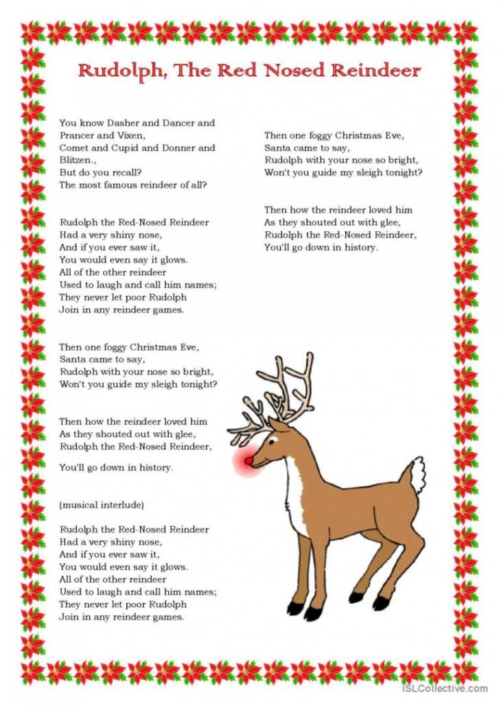 Rudolph, The Red Nosed Reindeer song: English ESL worksheets pdf