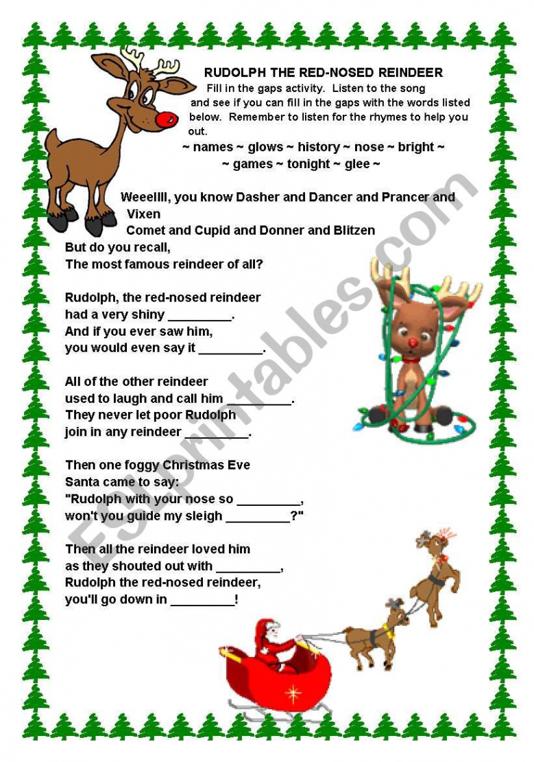 Rudolph the Red-nosed Reindeer Song - ESL worksheet by Vickiii