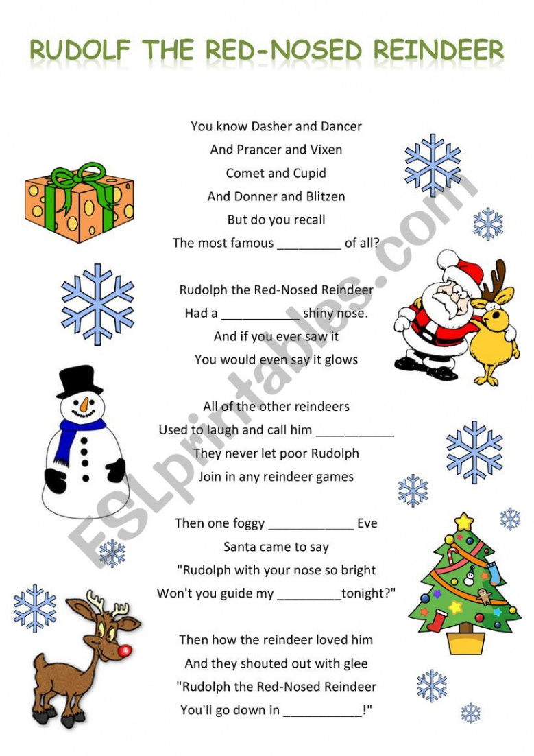 Rudolph the red-nosed reindeer song text with gaps (easy, for