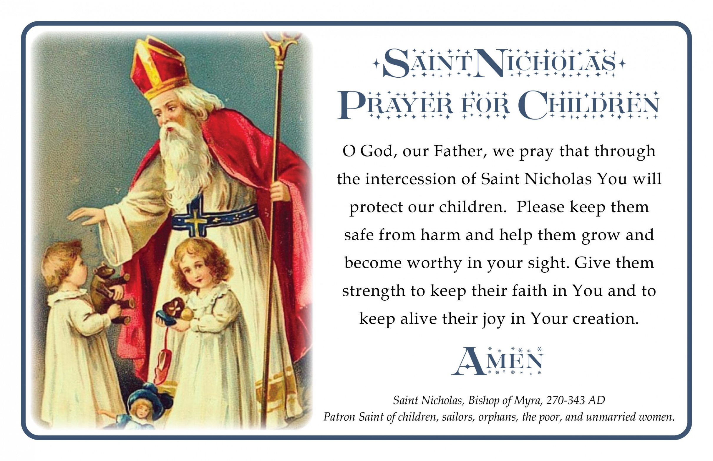 Saint Nicholas Prayer for Children prayer card  on a page - downloadable  and printable Catholic Saint prayer card