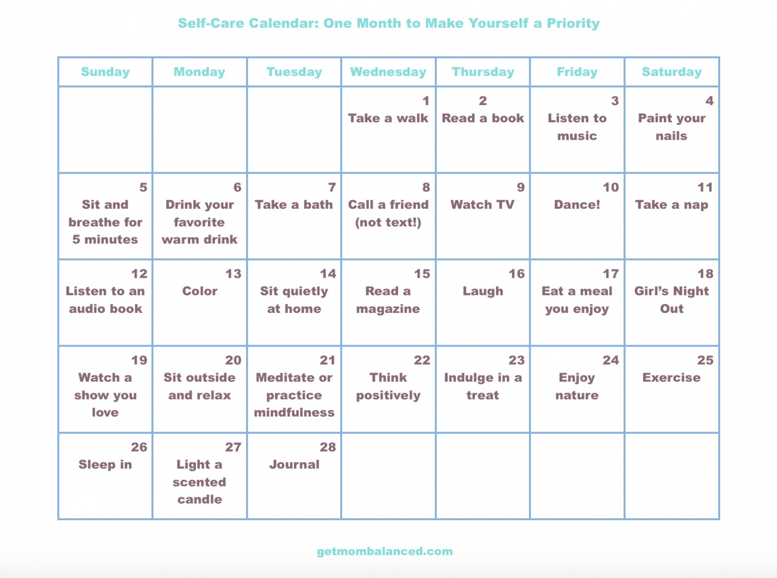 Self-Care Calendar for Busy Moms and Women - Get Mom Balanced