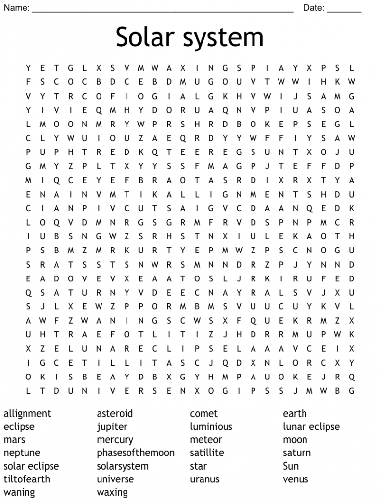 Solar system Word Search - WordMint