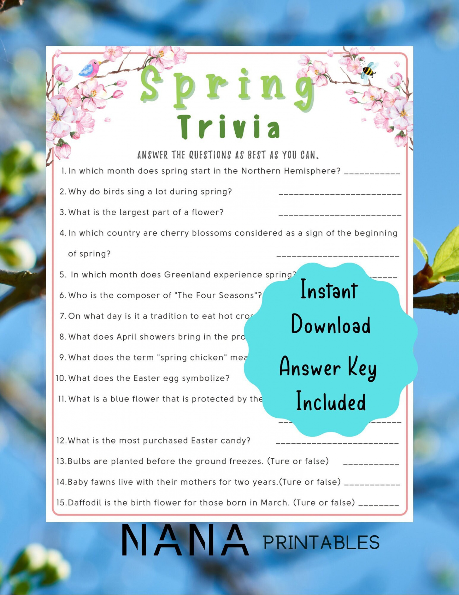 Spring Trivia Printable Game Fun Spring Fact Trivia Party - Etsy