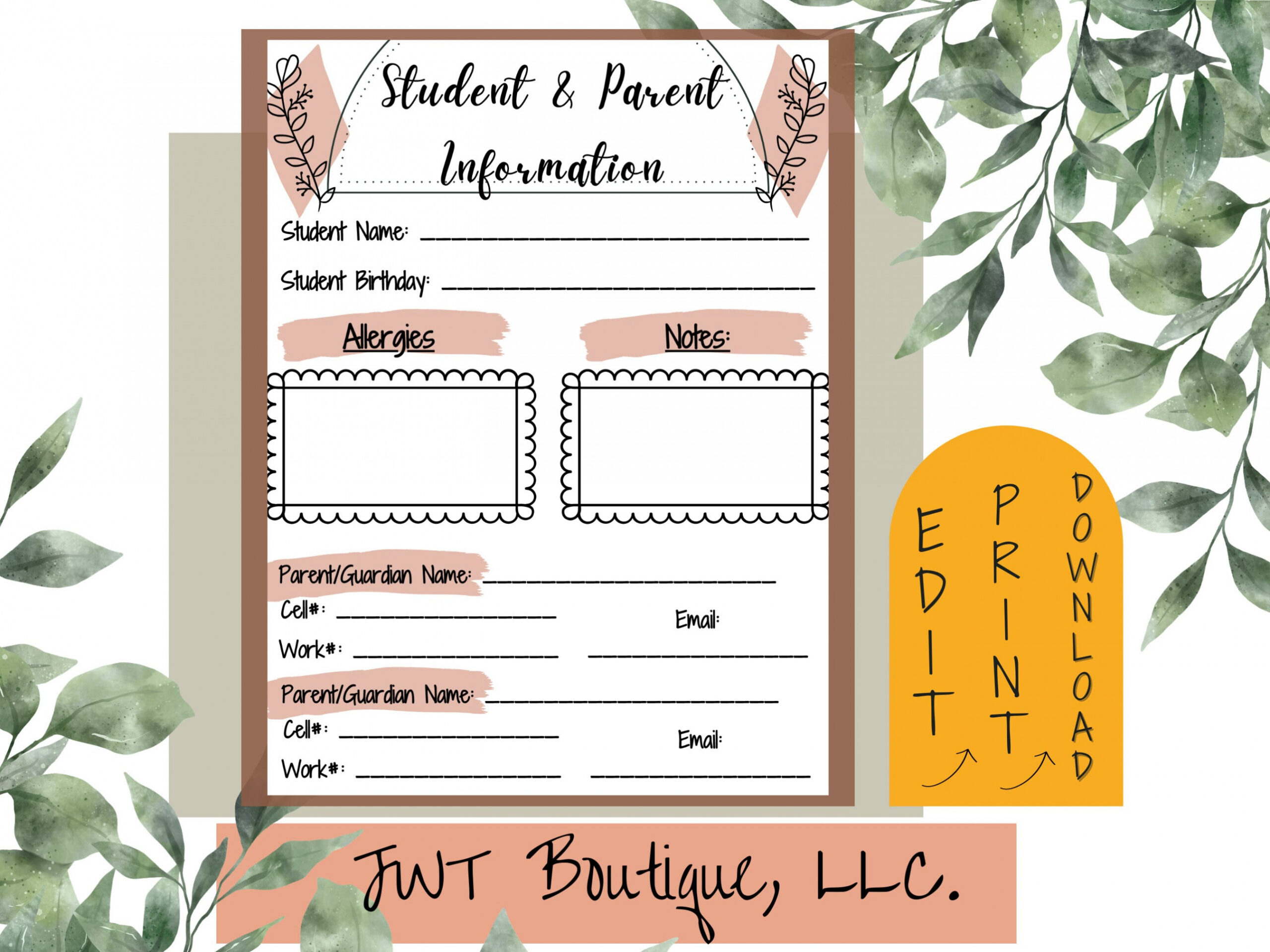 Student Parent Contact Information Form Information Template - Etsy