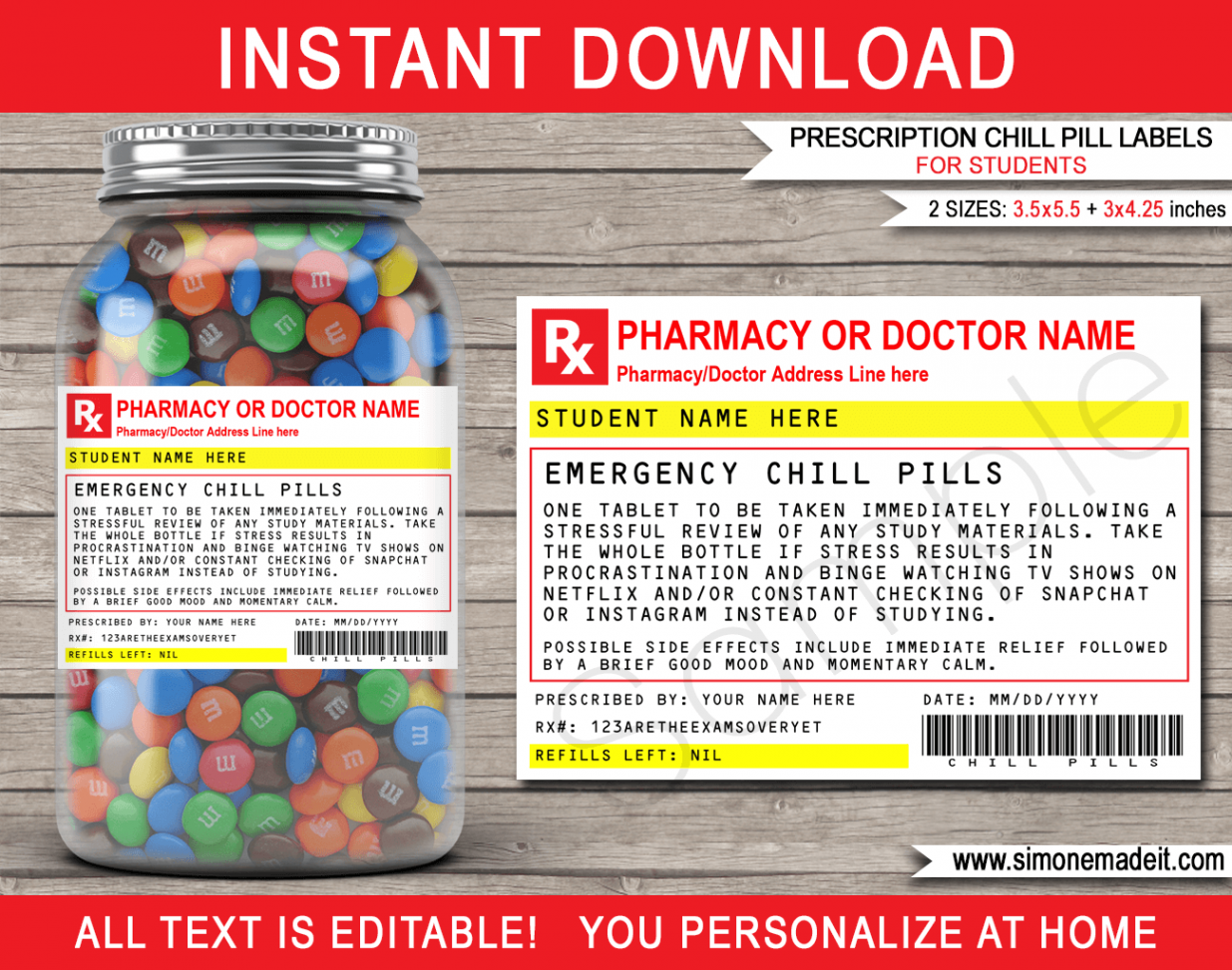 Student Prescription Chill Pills Labels - for Jars