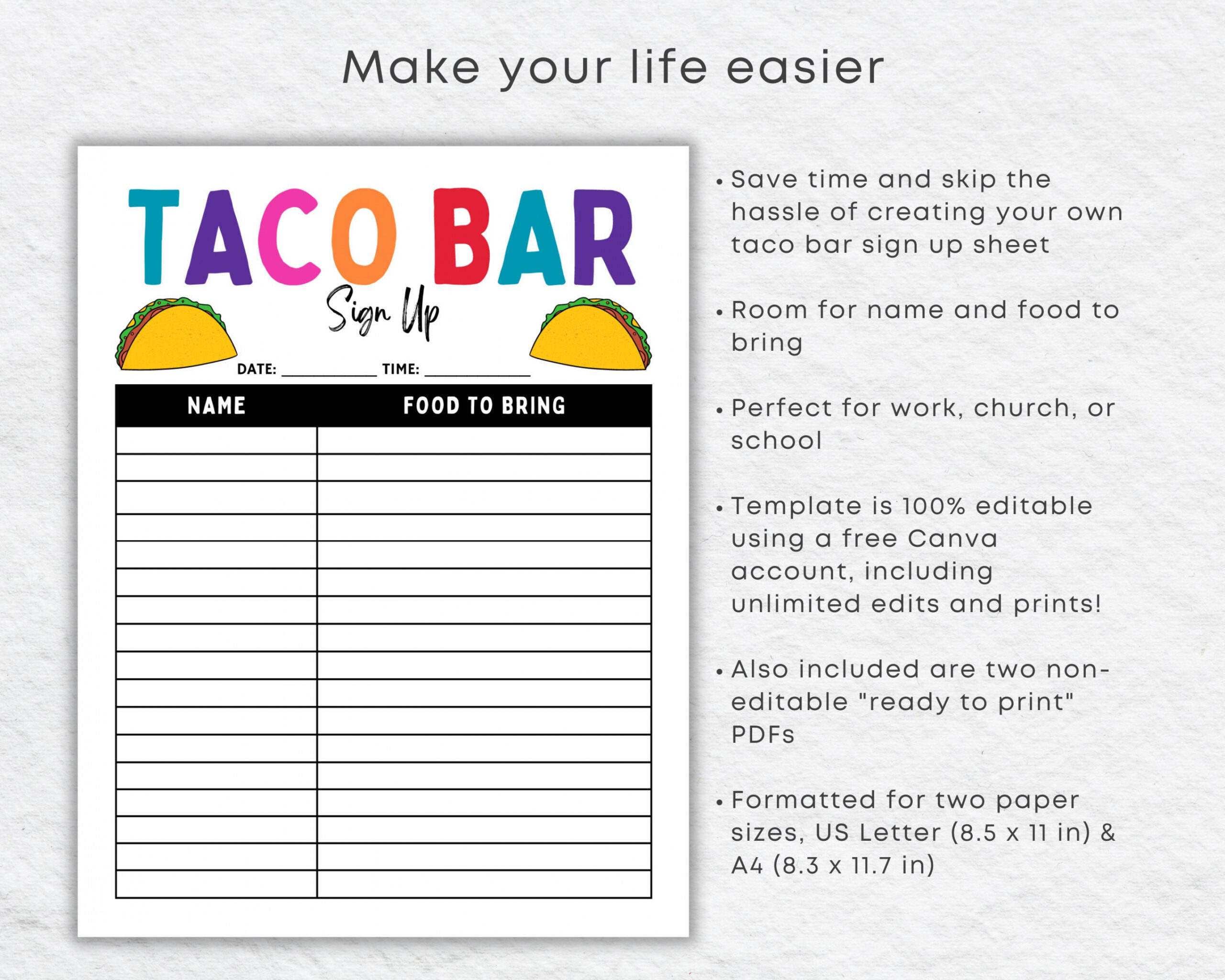 Taco Bar Sign up Sheet Printable for Mexican Fiesta Potluck - Etsy