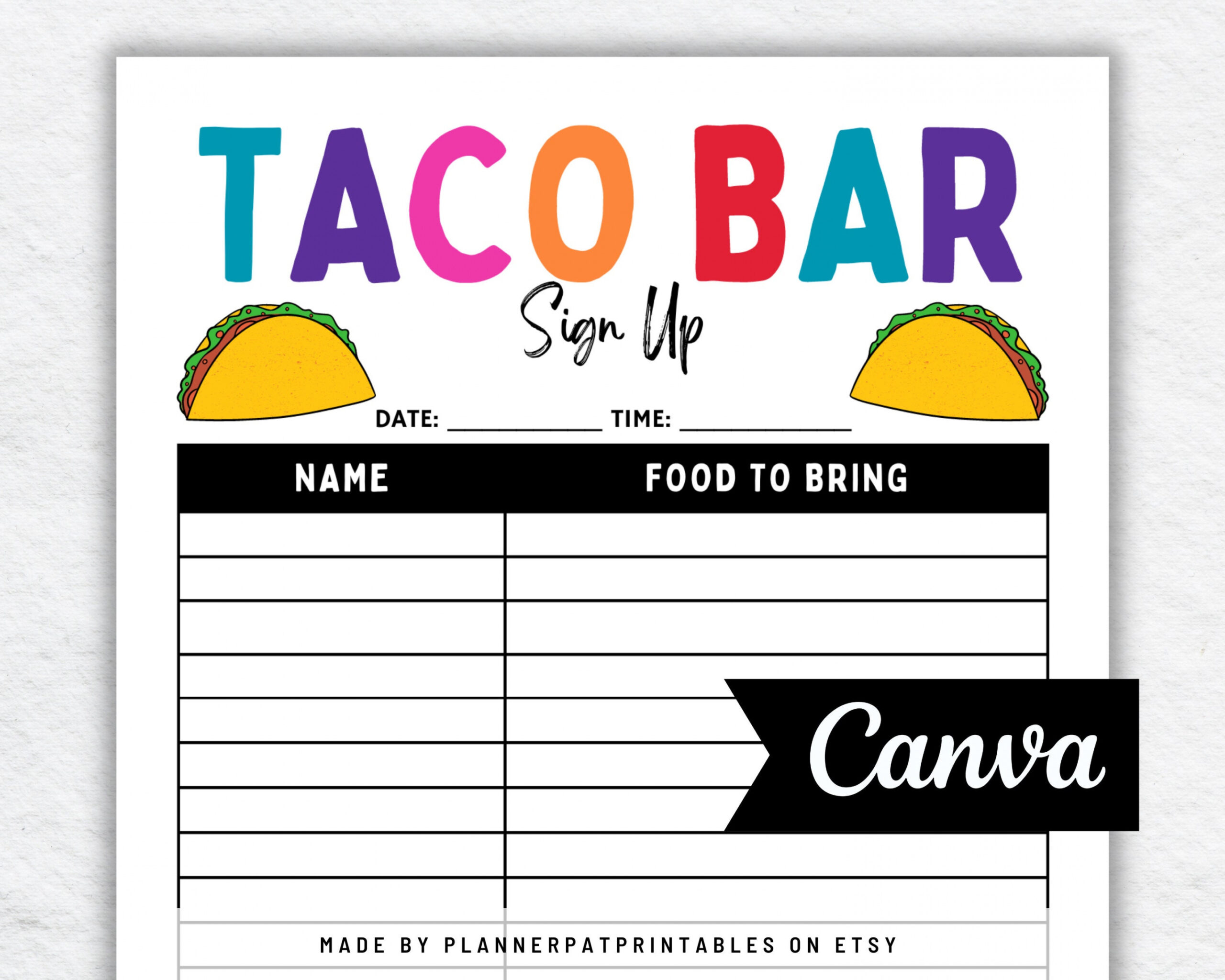 Taco Bar Sign up Sheet Printable for Mexican Fiesta Potluck - Etsy