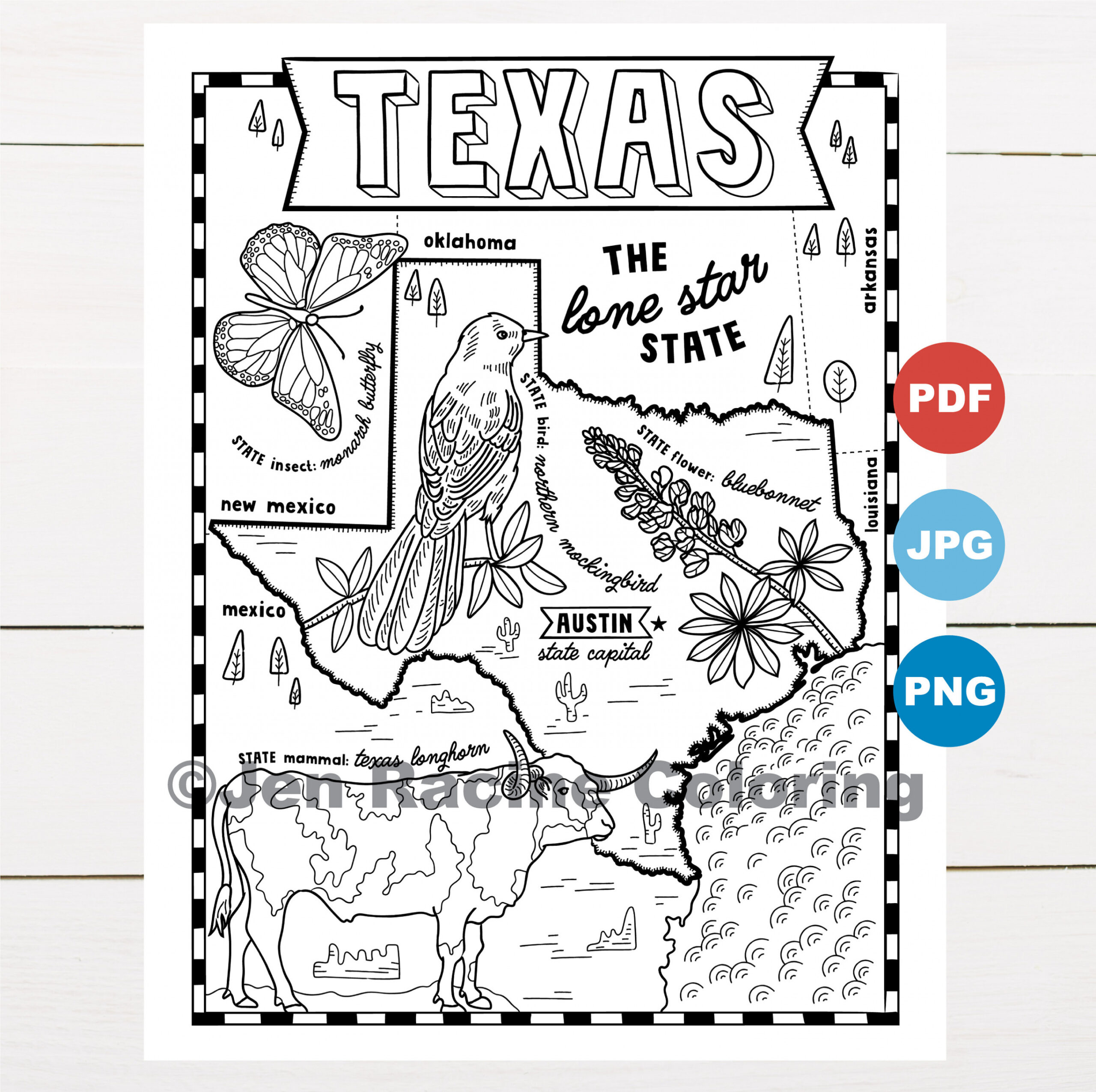 Texas Coloring Page United States State Map Wildlife State - Etsy